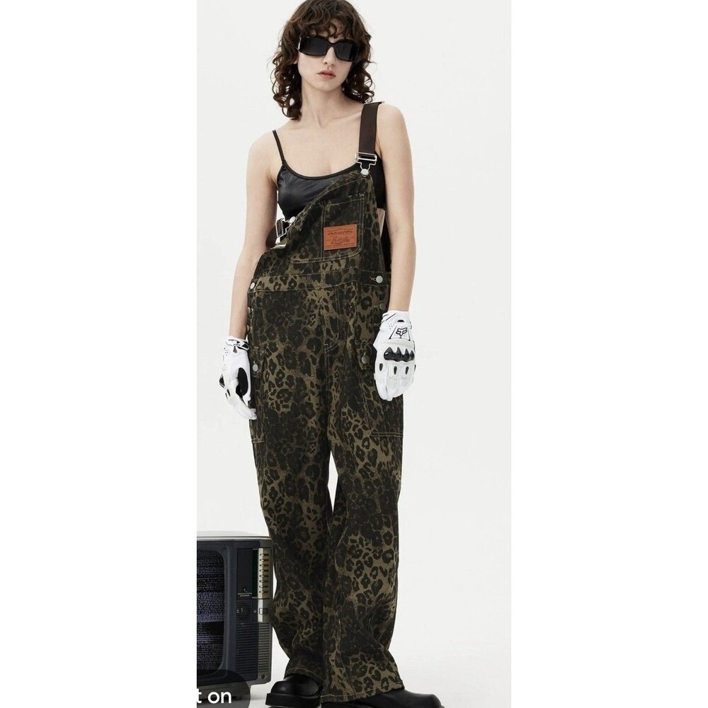 Olive Leopard Print Cotton Overalls XL Plus 2xl 18? Seatbelt Straps Aelfric Eden